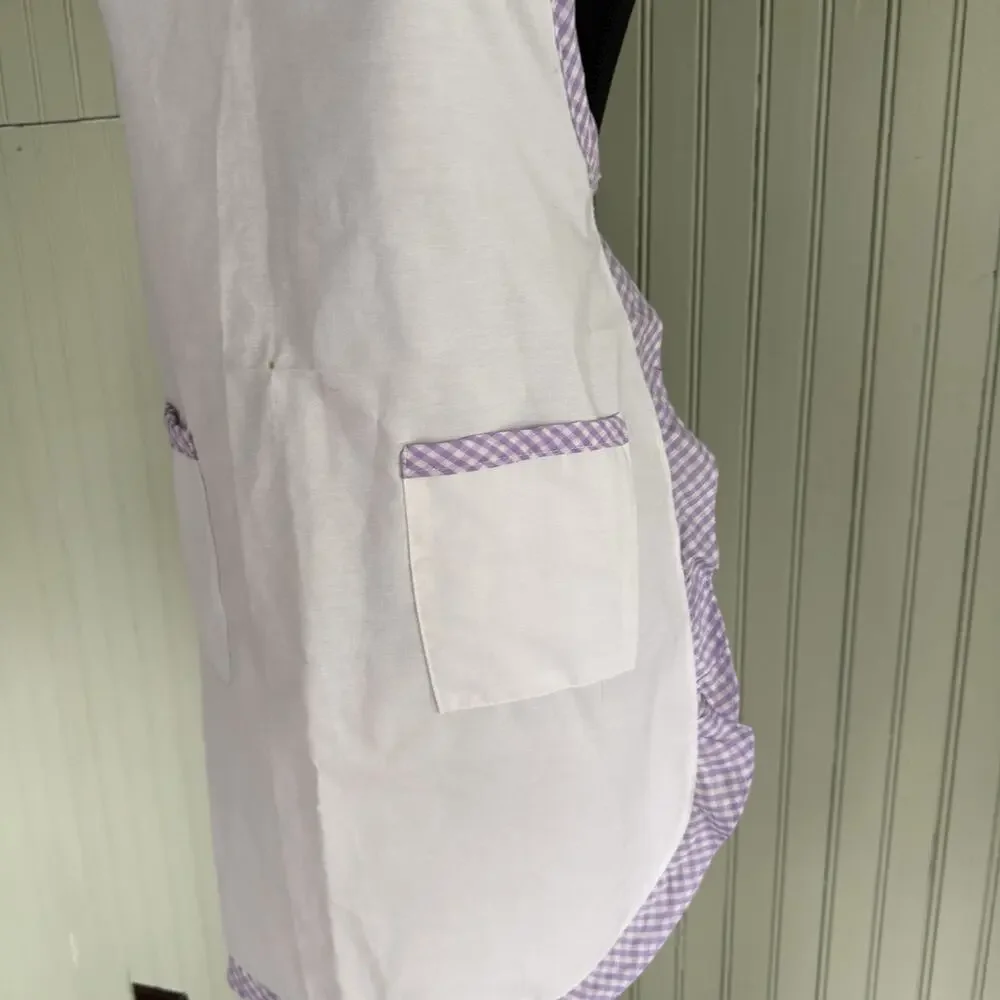 Vtg Hostess Full Apron Purple White MCM 50s Pocket Retro Tie Trad Cottage Ruffle
